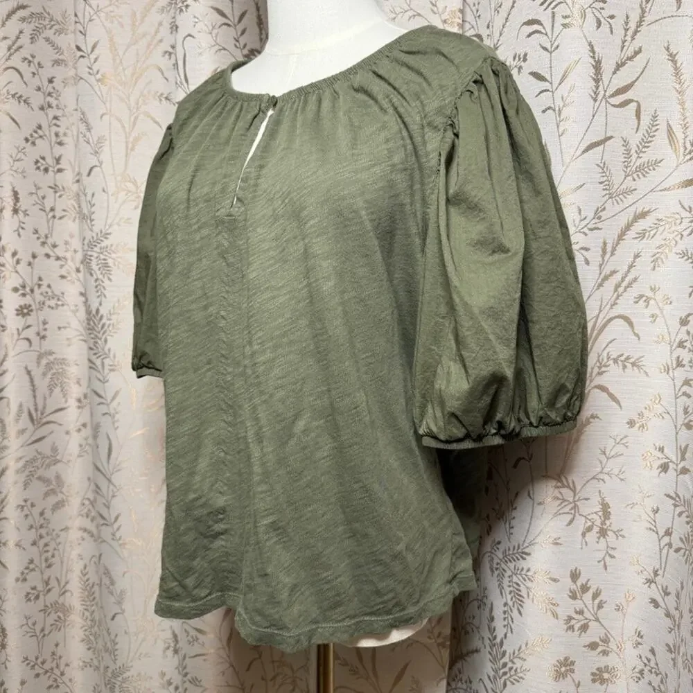 Old Navy Olive Green Puff Sleeve Keyhole Top Womens XL Boho Cottagecore Peasant
